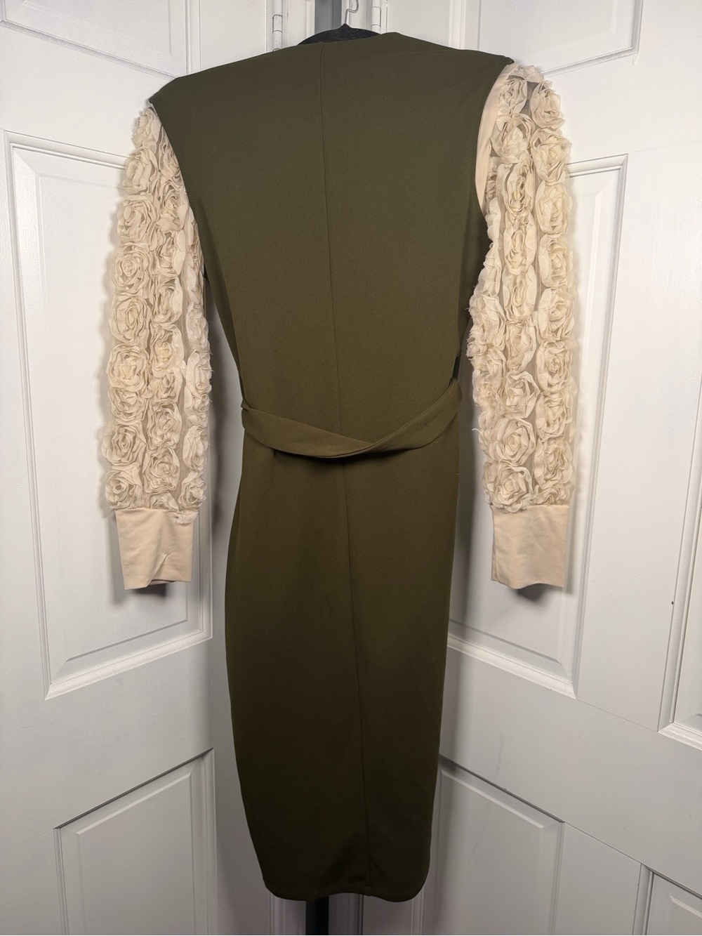 Almost Famous Olive Green Zip-Front Midi Dress with Cream Rosette Body Suit - Picture 2 of 2